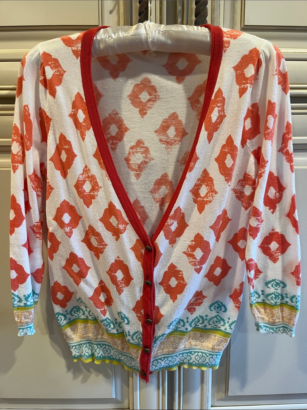 Moth Coral & White Printed V-Neck Cardigan